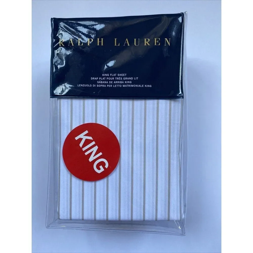 RALPH LAUREN PRESCOT STRIPE SUMMER BEIGE KING FITTED FLAT SHEET COTTON NEW $215